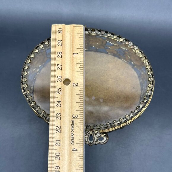 Vintage Jewelry Casket Box Floral Gold Tone Metal Glass Rose Flower Trinket Dish - Picture 10 of 10